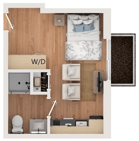 A top-down view of a small apartment layout with a bed, toilet, sink, and other furnishings.